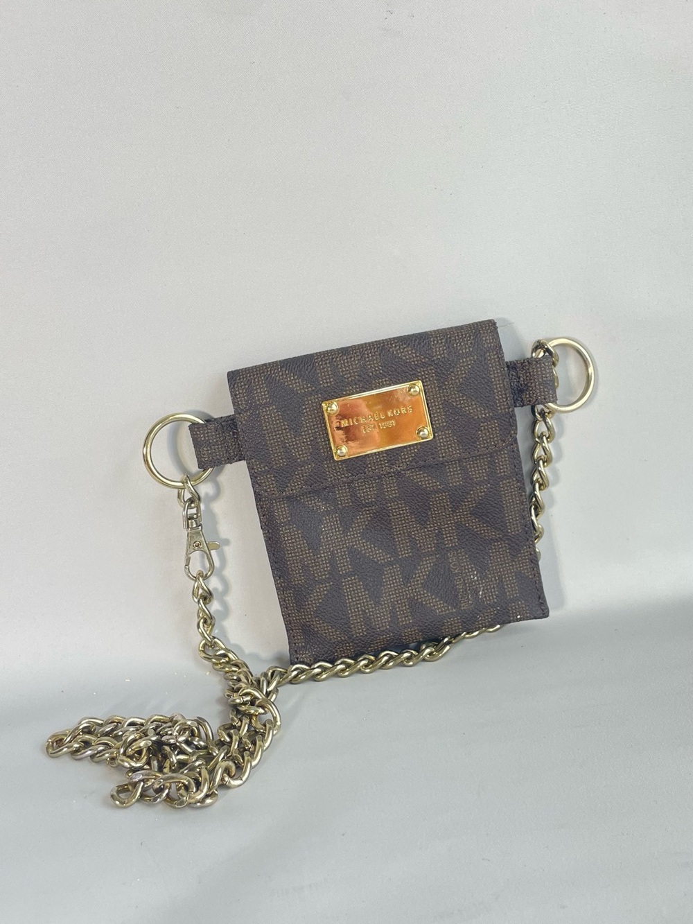 Michael Kors Brown MK Monogram Mini Crossbody Pouch with Gold Chain